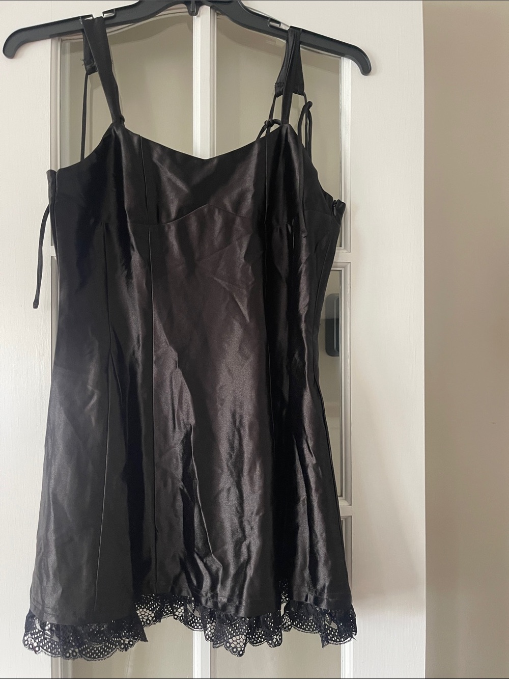 Lucy in the Sky Black Satin Lace-Trim Mini Dress-New without tags. Never worn.